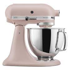 light pink KitchenAid stand mixer with silver bowl